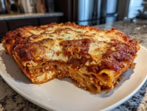 A generous, thick slice of homemade lasagna, a type of pasta bake, showing layers of noodles, meat sauce, and melted cheese.