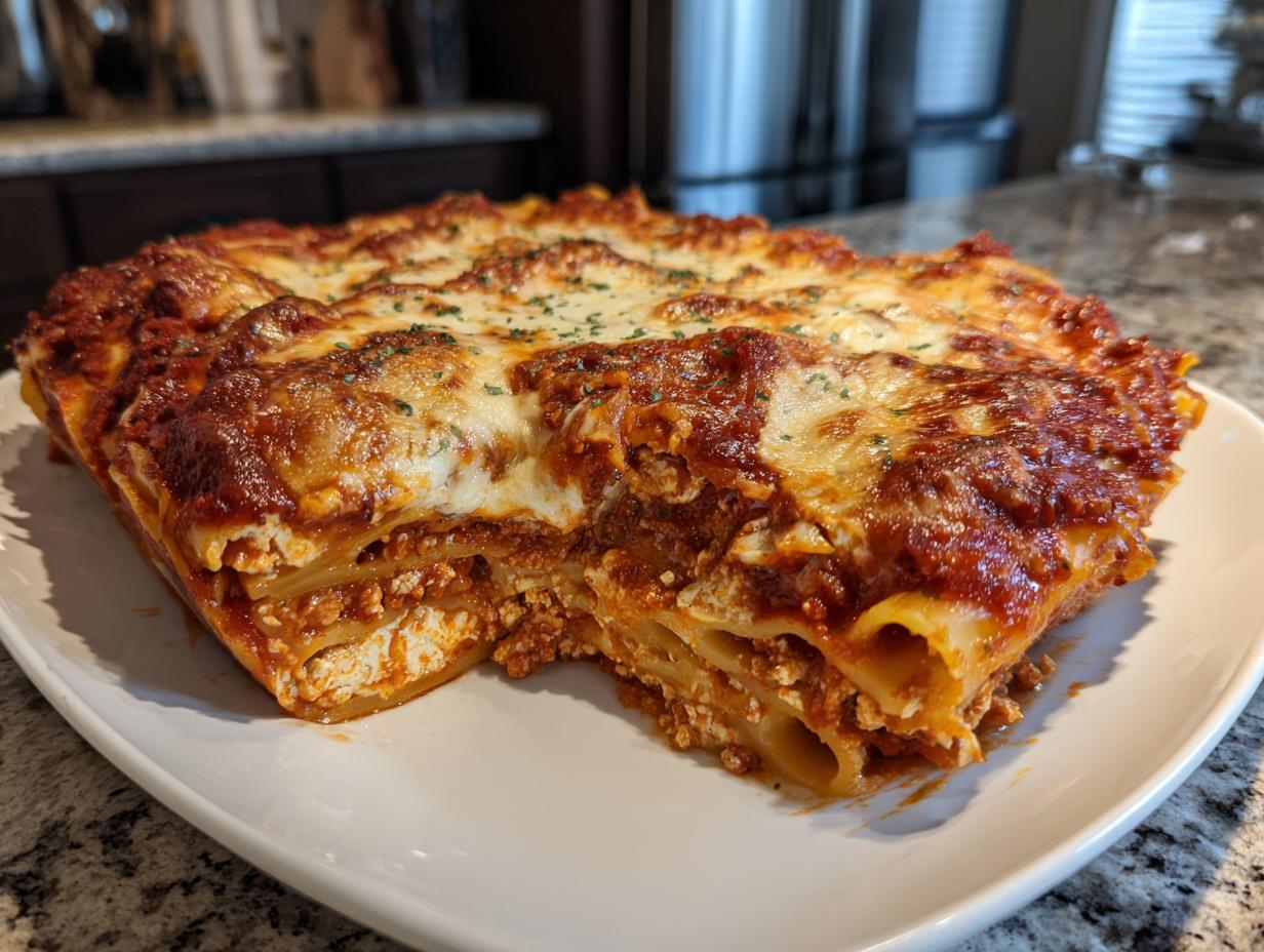 A generous, thick slice of homemade lasagna, a type of pasta bake, showing layers of noodles, meat sauce, and melted cheese.