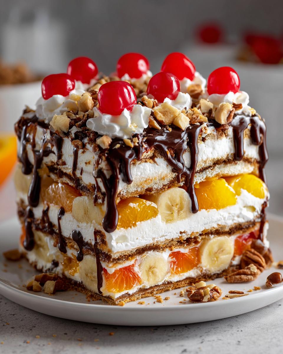 A tall, layered banana split cake featuring graham crackers, whipped cream, banana slices, and mandarin oranges, topped with chocolate drizzle.