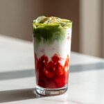 A tall glass showcasing a layered strawberry matcha drink with bright red strawberry puree at the bottom, white milk, and vibrant green matcha on top with ice.