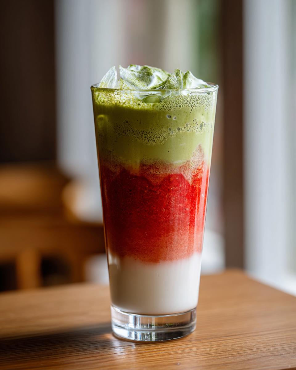 A tall glass showing a layered strawberry matcha drink with milk at the bottom, strawberry puree in the middle, and matcha foam with ice on top.