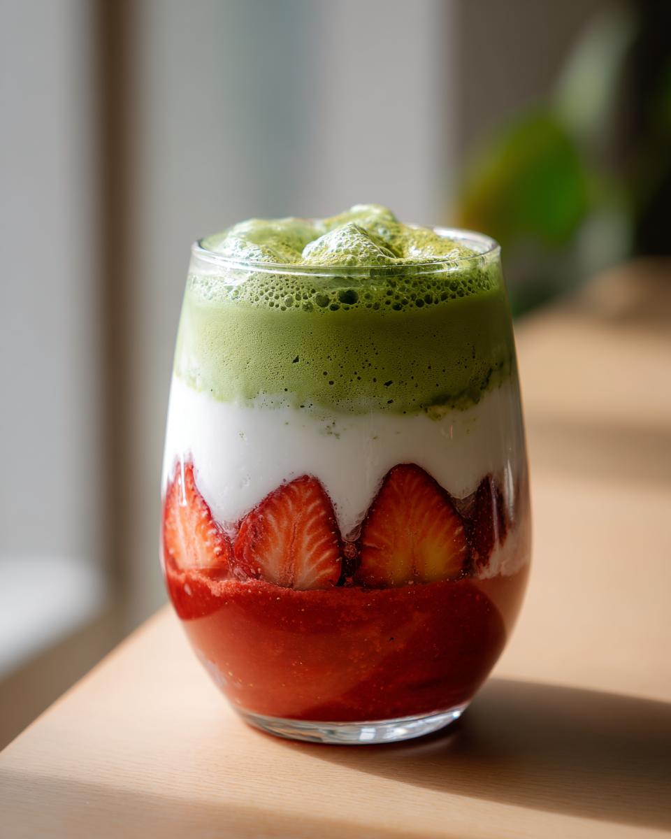 Close-up of a layered strawberry matcha drink featuring strawberry puree, sliced strawberries, milk, and foamy matcha on top.
