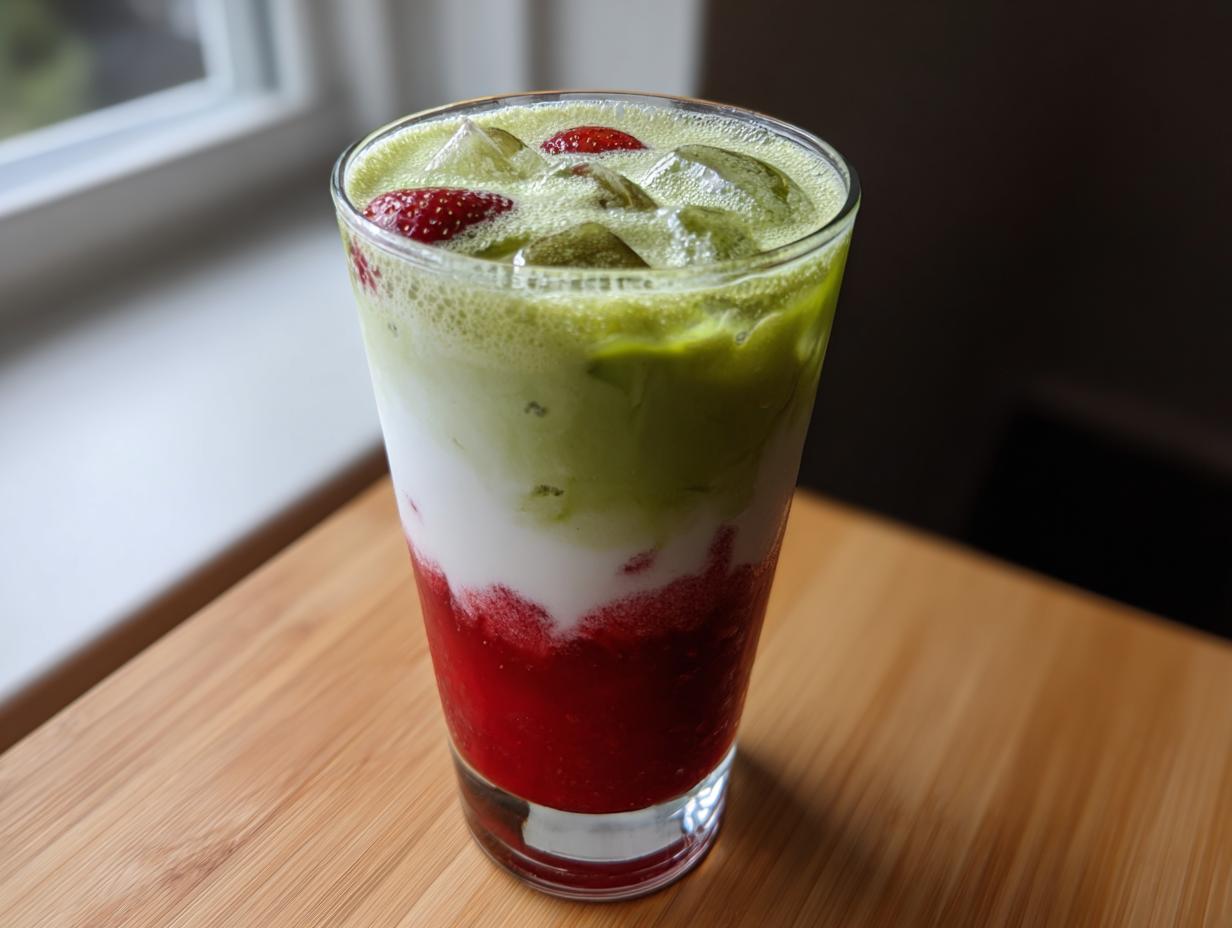 A refreshing, layered strawberry matcha drink with ice cubes and fresh strawberry slices on top, sitting on a wooden surface.