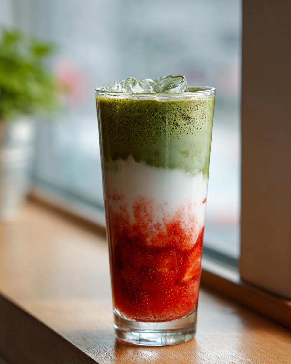 A tall glass showing a layered strawberry matcha drink with crushed strawberries, milk, and bright green matcha on top, filled with ice.