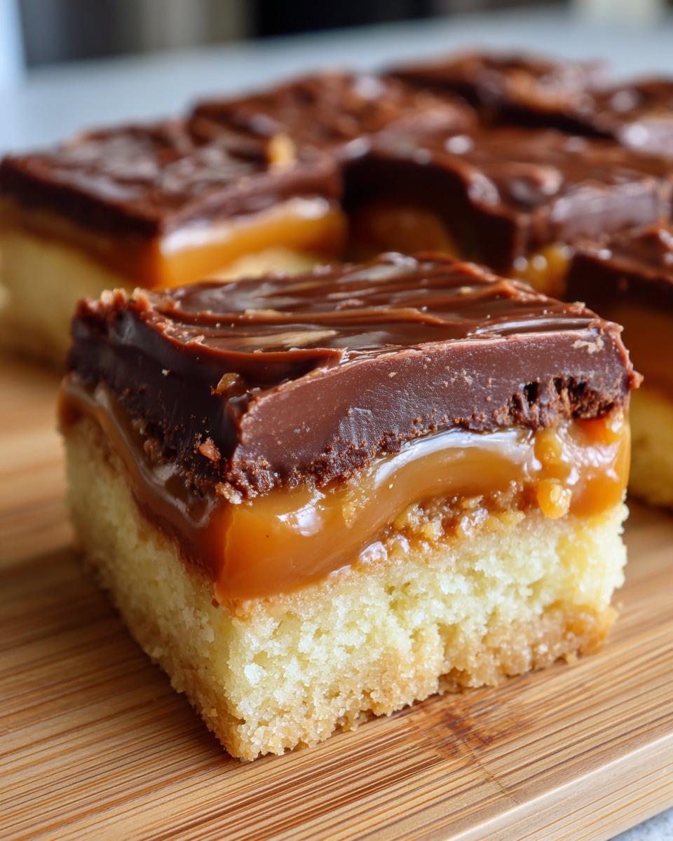A close-up of a single square of layered twix cookies featuring a shortbread base, thick caramel, and chocolate topping.