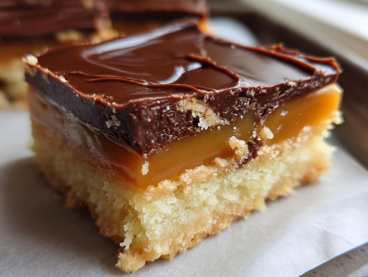 A close-up view of a single square of twix cookies showing the shortbread base, thick caramel layer, and chocolate topping.