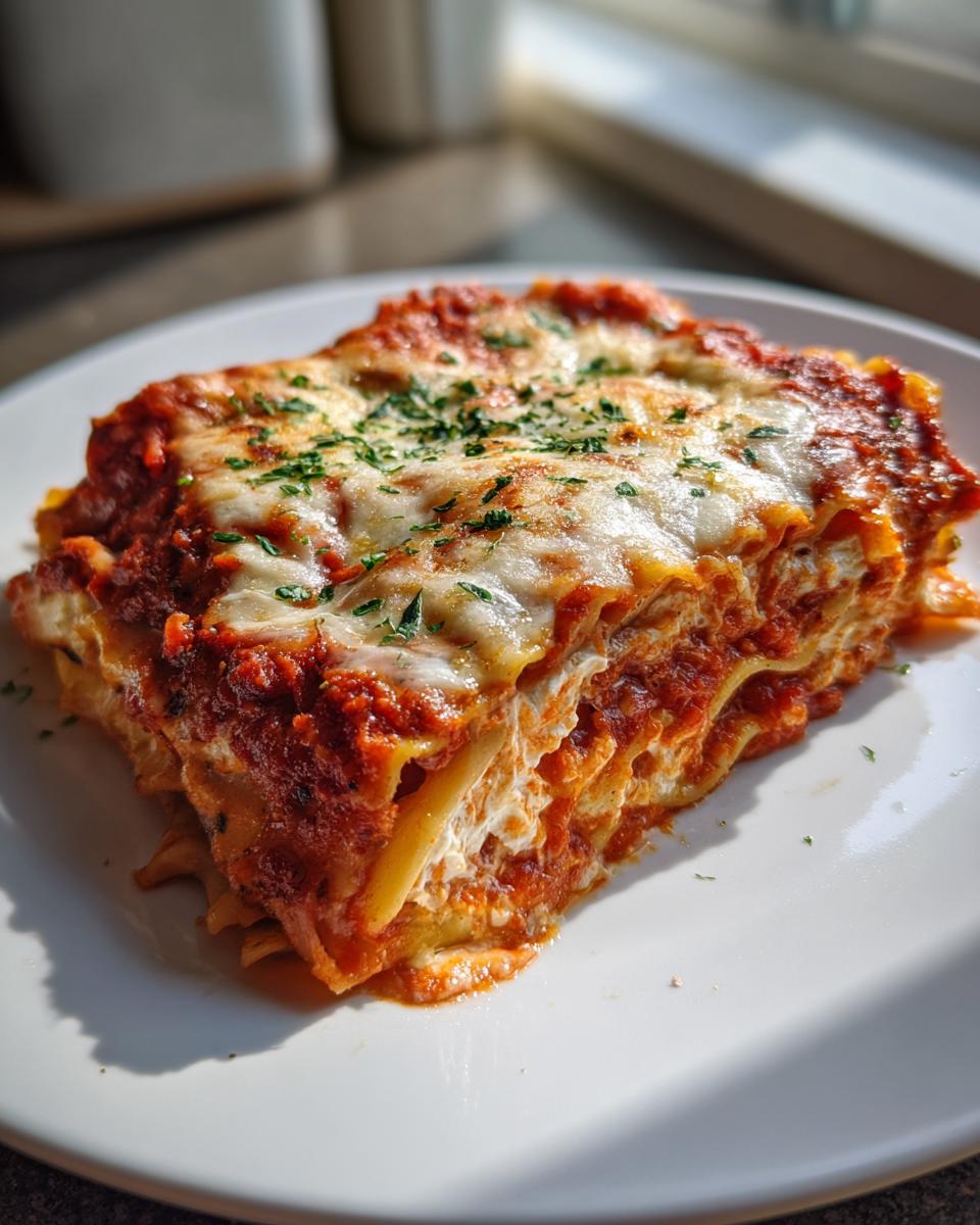 A close-up of a hearty slice of lazy lasagna layered with sauce, cheese, and pasta, garnished with parsley.