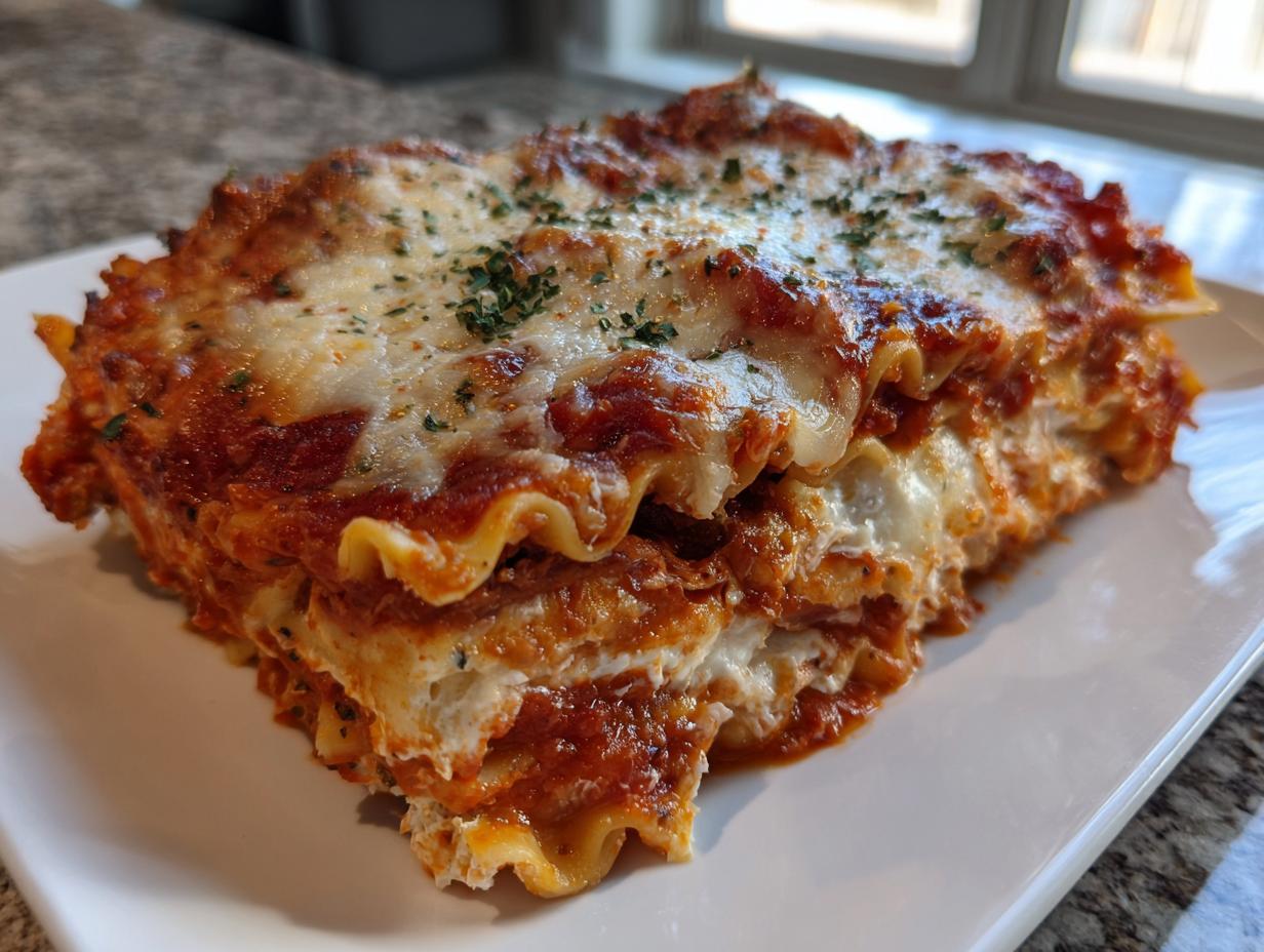 A thick, layered slice of lazy lasagna with melted cheese and rich tomato sauce on a white plate.