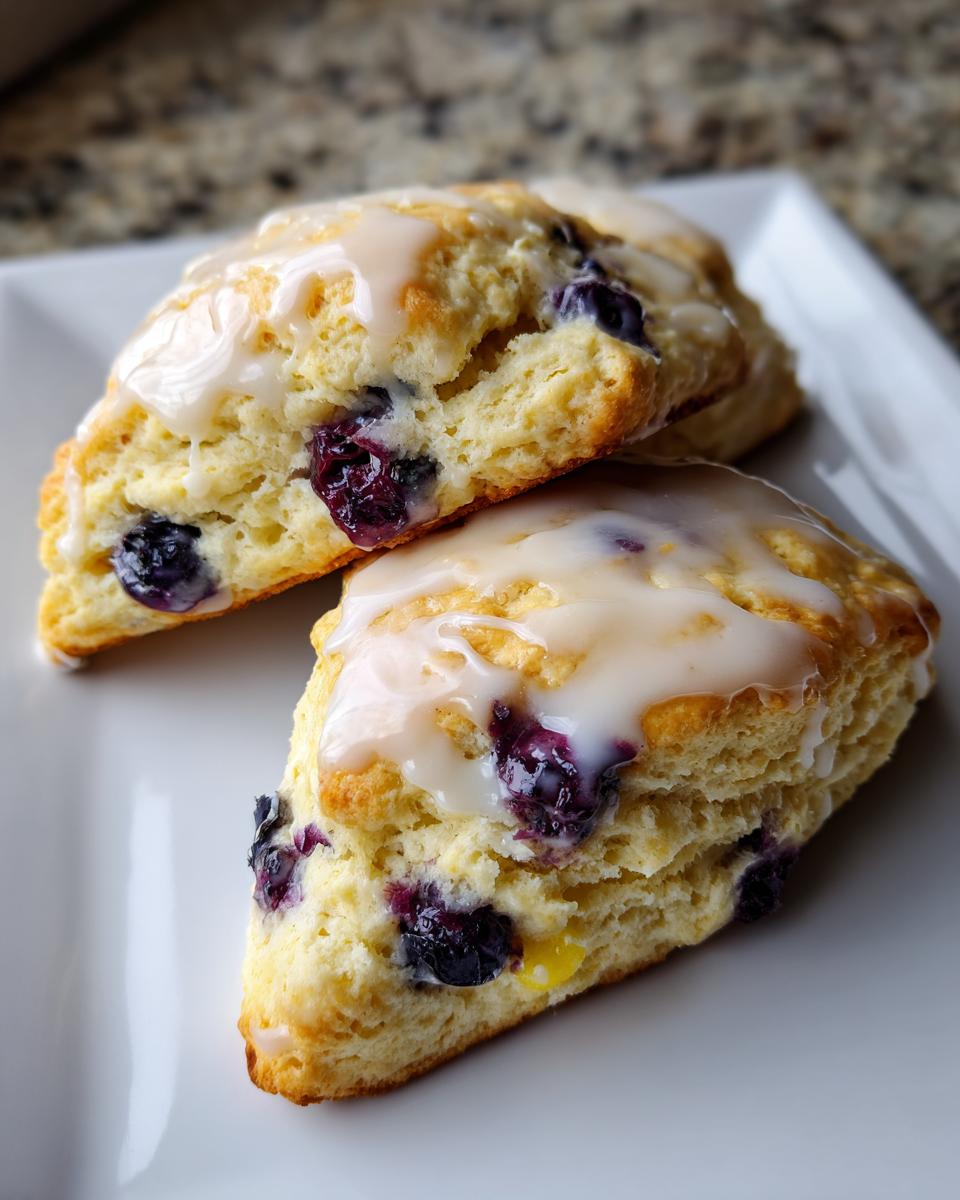 Close-up of two freshly baked lemon blueberry scones topped with a sweet lemon glaze, resting on a white plate.