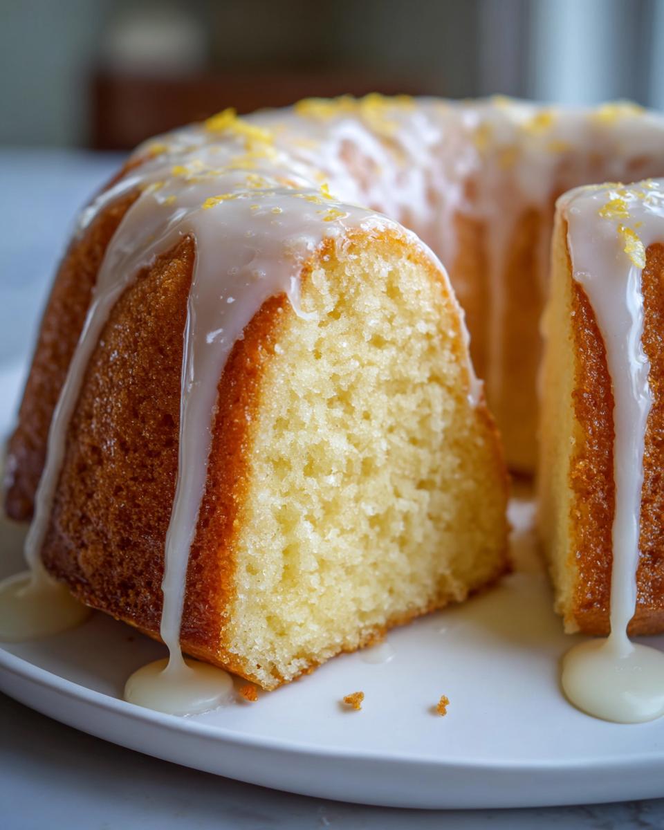 Close-up of a moist slice of lemon pound cake topped with thick white glaze and lemon zest.