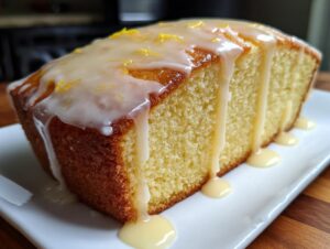 A close-up of a slice of moist lemon pound cake topped with thick white glaze and lemon zest.