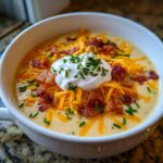 A close-up of a bowl of creamy Loaded Baked Potato Soup topped with shredded cheddar, bacon bits, sour cream, and chives.