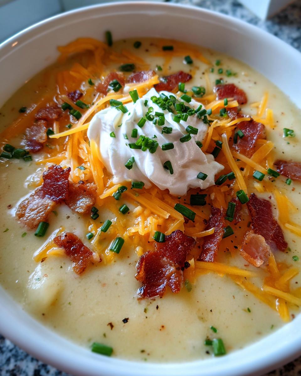 A close-up view of a bowl of creamy Loaded Baked Potato Soup topped with shredded cheddar, bacon bits, sour cream, and chives.