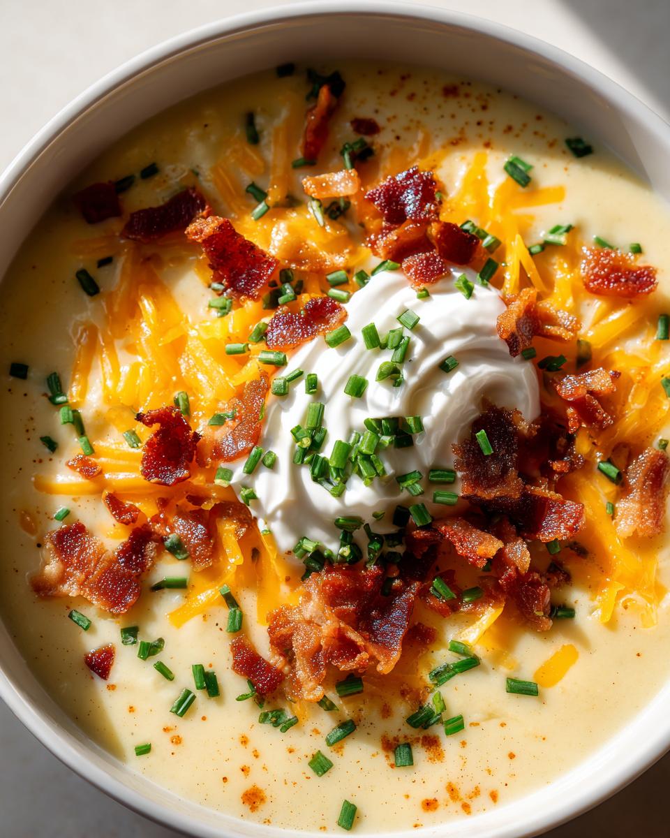 Close-up of a bowl of creamy Loaded Baked Potato Soup topped with shredded cheddar, bacon bits, sour cream, and fresh chives.