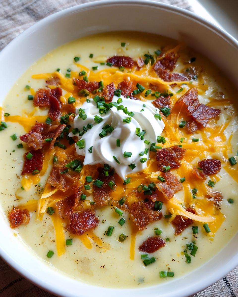 A close-up of a bowl of creamy Loaded Baked Potato Soup topped with shredded cheddar, bacon bits, sour cream, and chives.