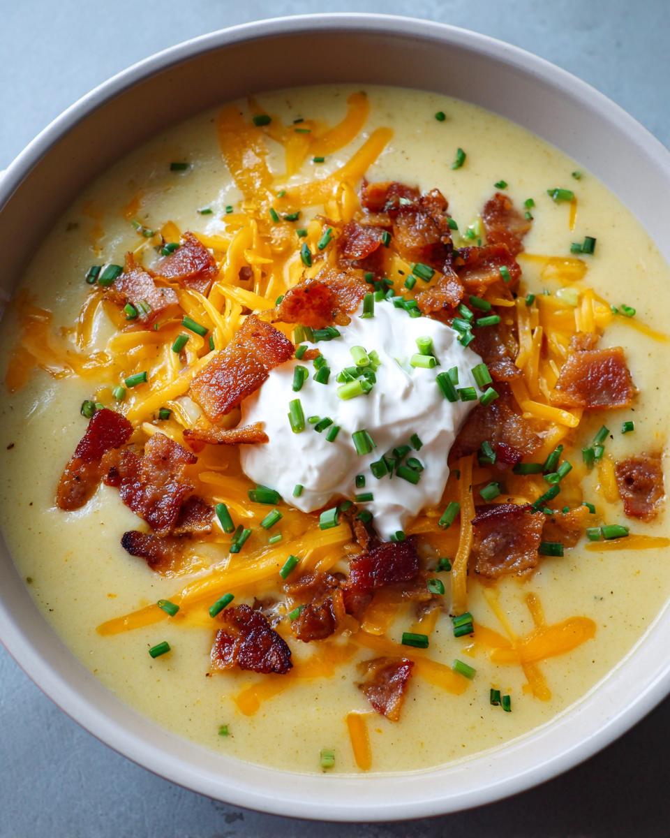 Overhead view of a creamy bowl of Loaded Baked Potato Soup topped with shredded cheddar, bacon bits, sour cream, and chives.