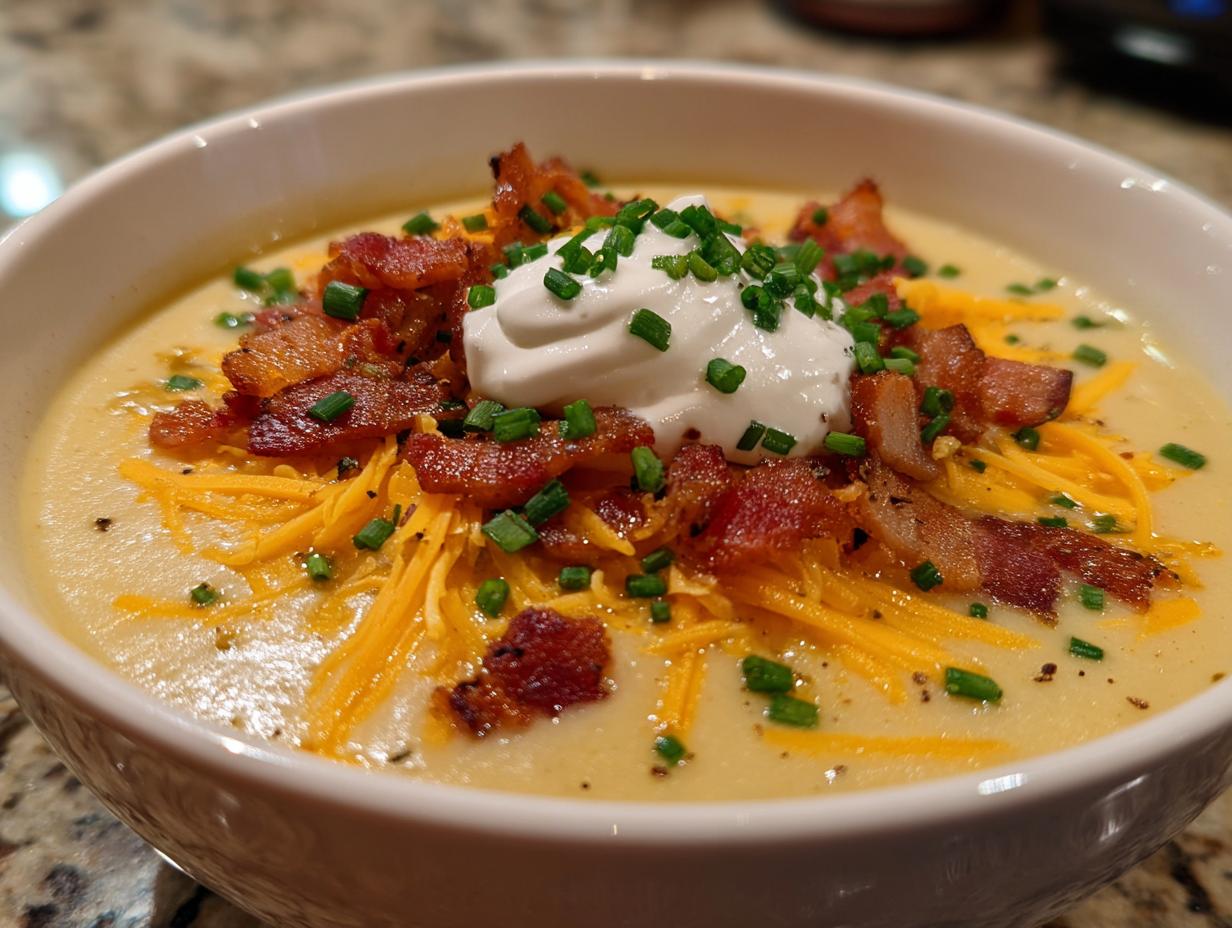 A close-up of a bowl of creamy Loaded Baked Potato Soup topped with shredded cheddar, bacon bits, sour cream, and chives.