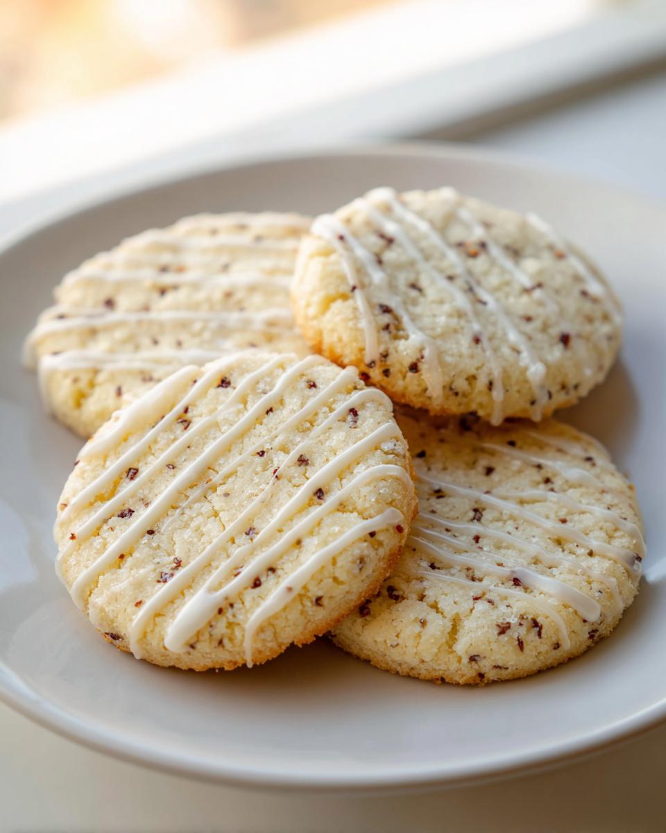 Four round earl grey cookies with visible tea flecks, drizzled with white icing, resting on a light plate.