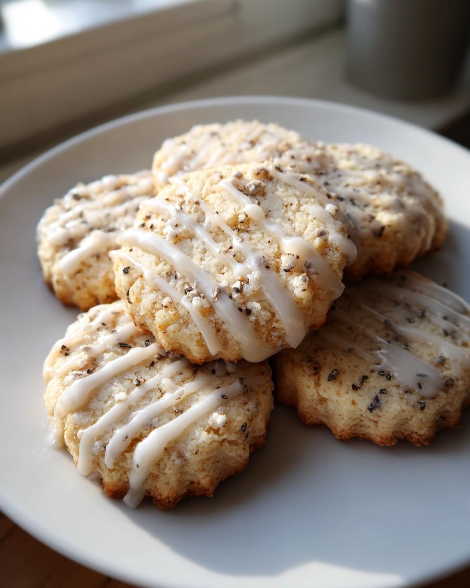 A stack of five homemade earl grey cookies, drizzled with white icing and flecked with tea leaves.