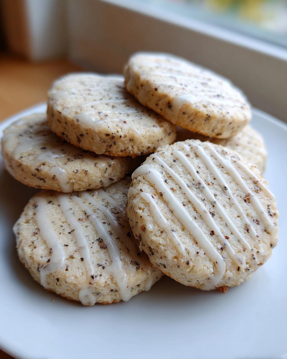 A stack of freshly baked earl grey cookies, speckled with tea leaves and drizzled with white icing.