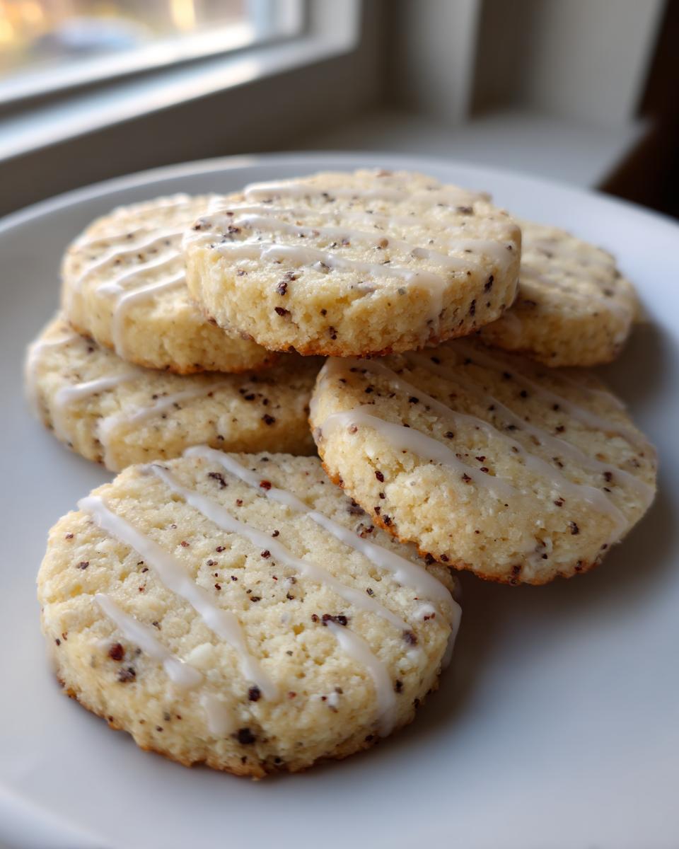 A stack of round, pale earl grey cookies speckled with tea leaves and drizzled with white icing.