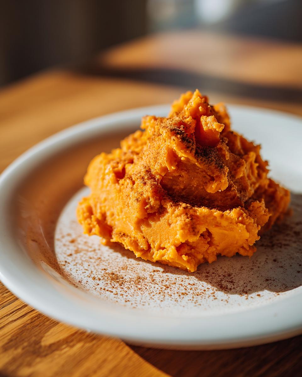 A mound of bright orange mashed sweet potatoes sprinkled with cinnamon on a white plate.