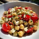 Close-up of vibrant Mediterranean bean salad featuring chickpeas, halved cherry tomatoes, feta cheese crumbles, and fresh parsley.
