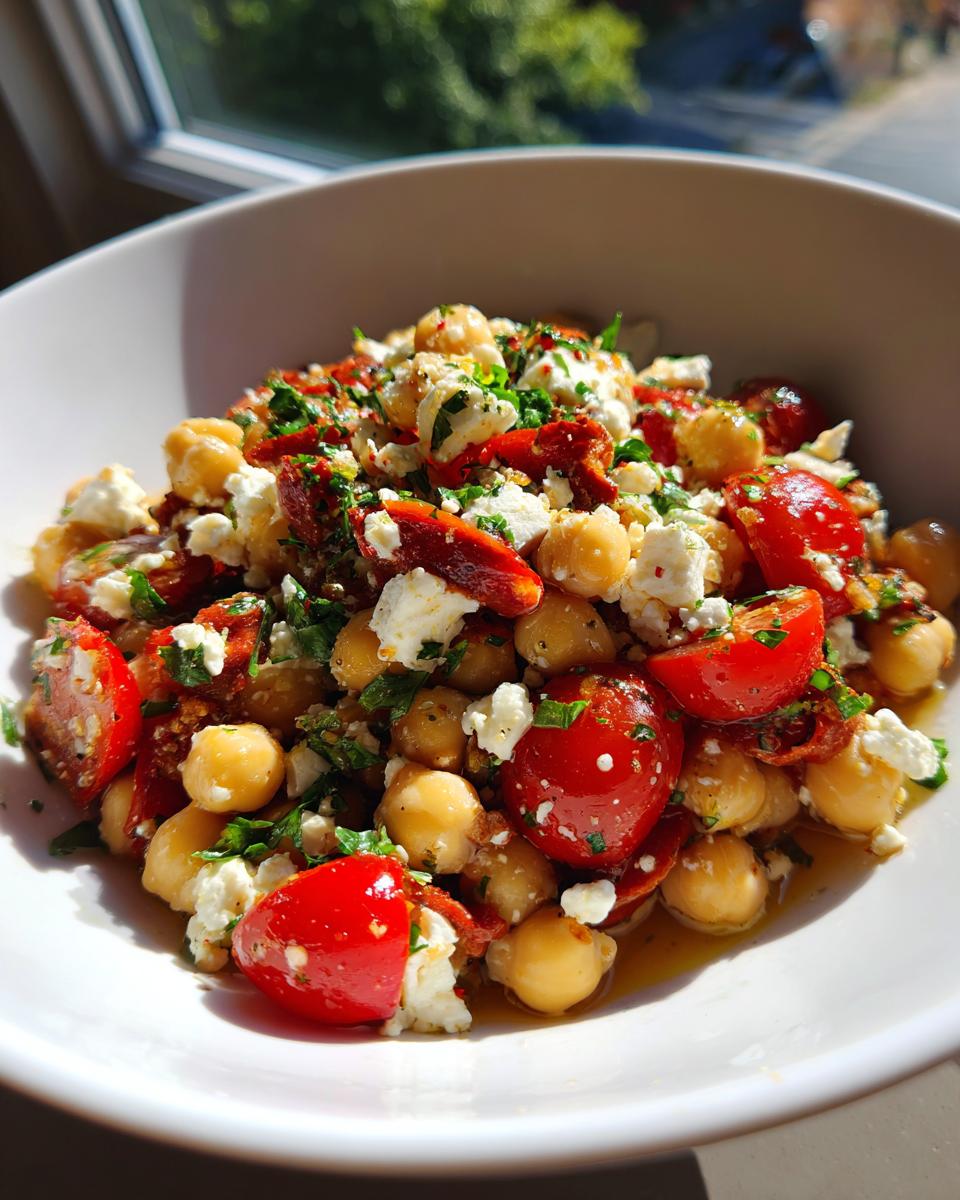 Close-up of a vibrant Mediterranean bean salad featuring chickpeas, cherry tomatoes, feta cheese, and herbs.
