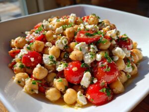 A vibrant close-up of a fresh Mediterranean bean salad featuring chickpeas, bright red cherry tomatoes, feta cheese crumbles, and fresh parsley.