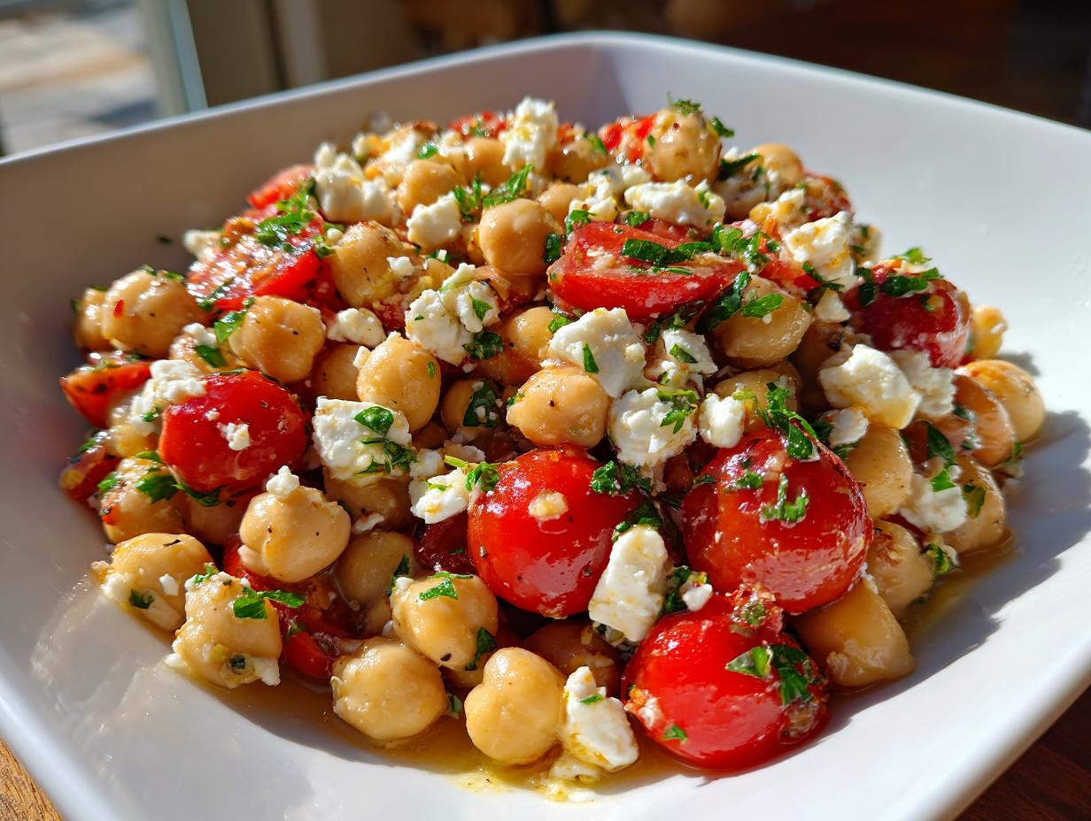 A vibrant close-up of a fresh Mediterranean bean salad featuring chickpeas, bright red cherry tomatoes, feta cheese crumbles, and fresh parsley.