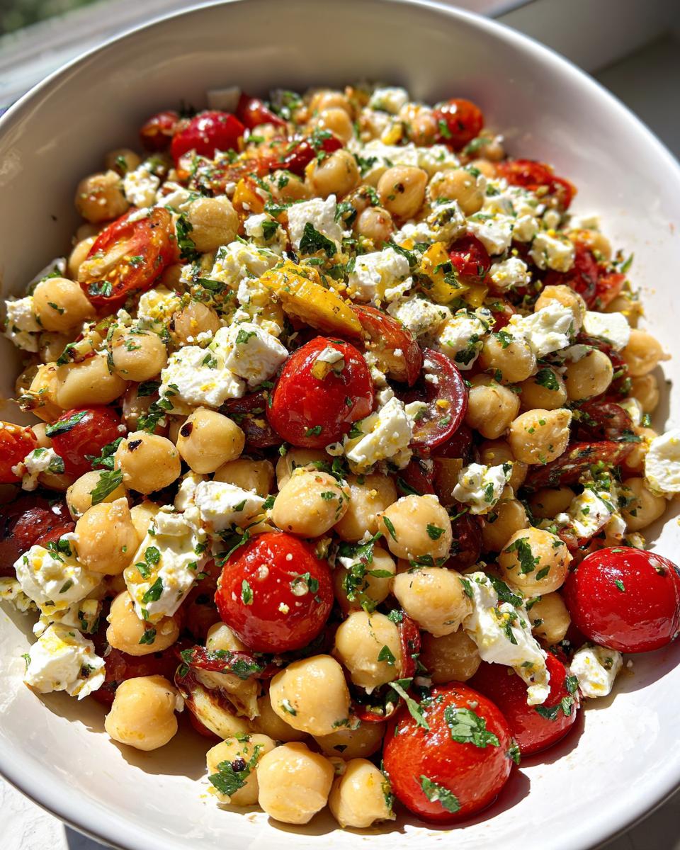 Close-up of a vibrant Mediterranean bean salad featuring chickpeas, cherry tomatoes, feta cheese, and herbs.