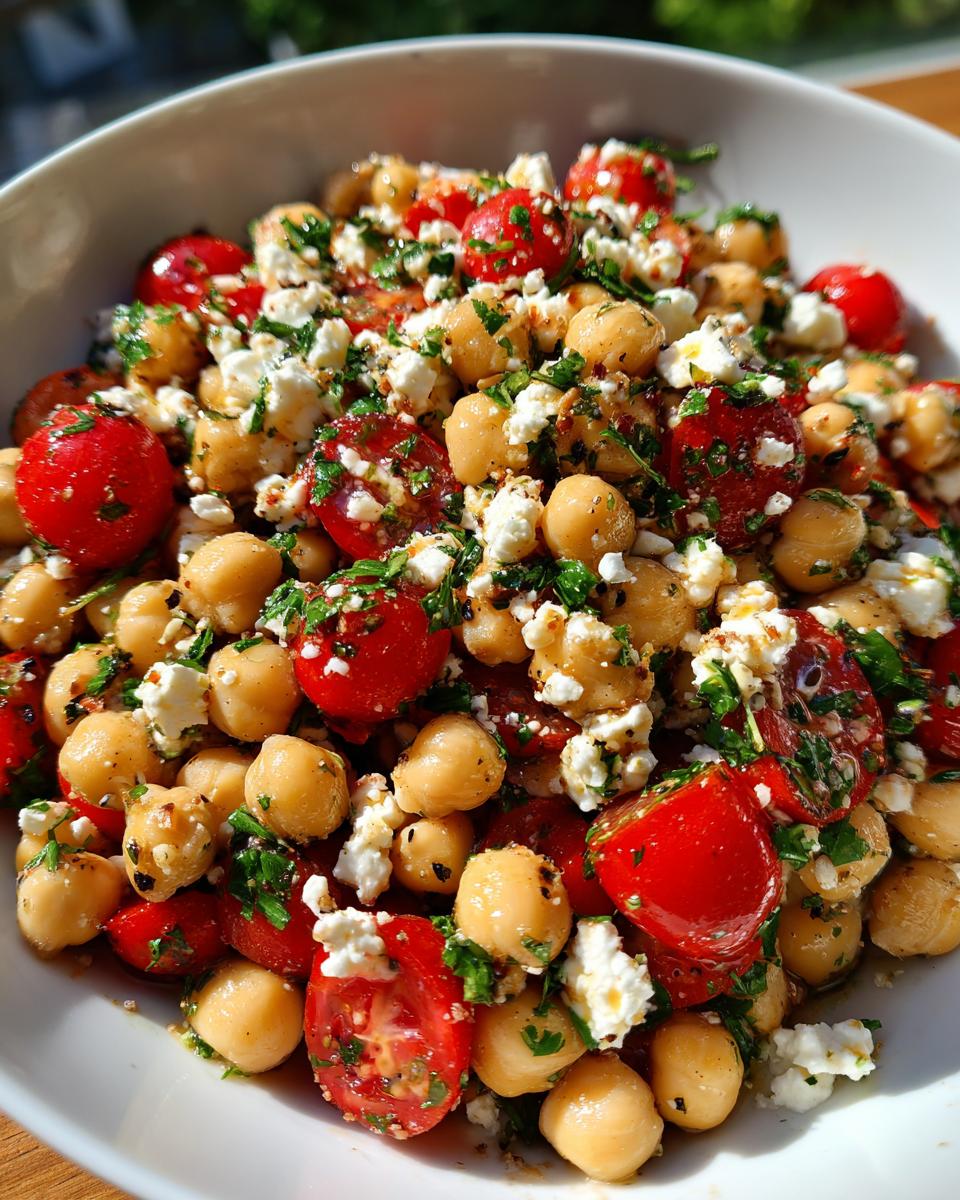 Close-up of a vibrant Mediterranean bean salad featuring chickpeas, halved cherry tomatoes, crumbled feta cheese, and fresh parsley.