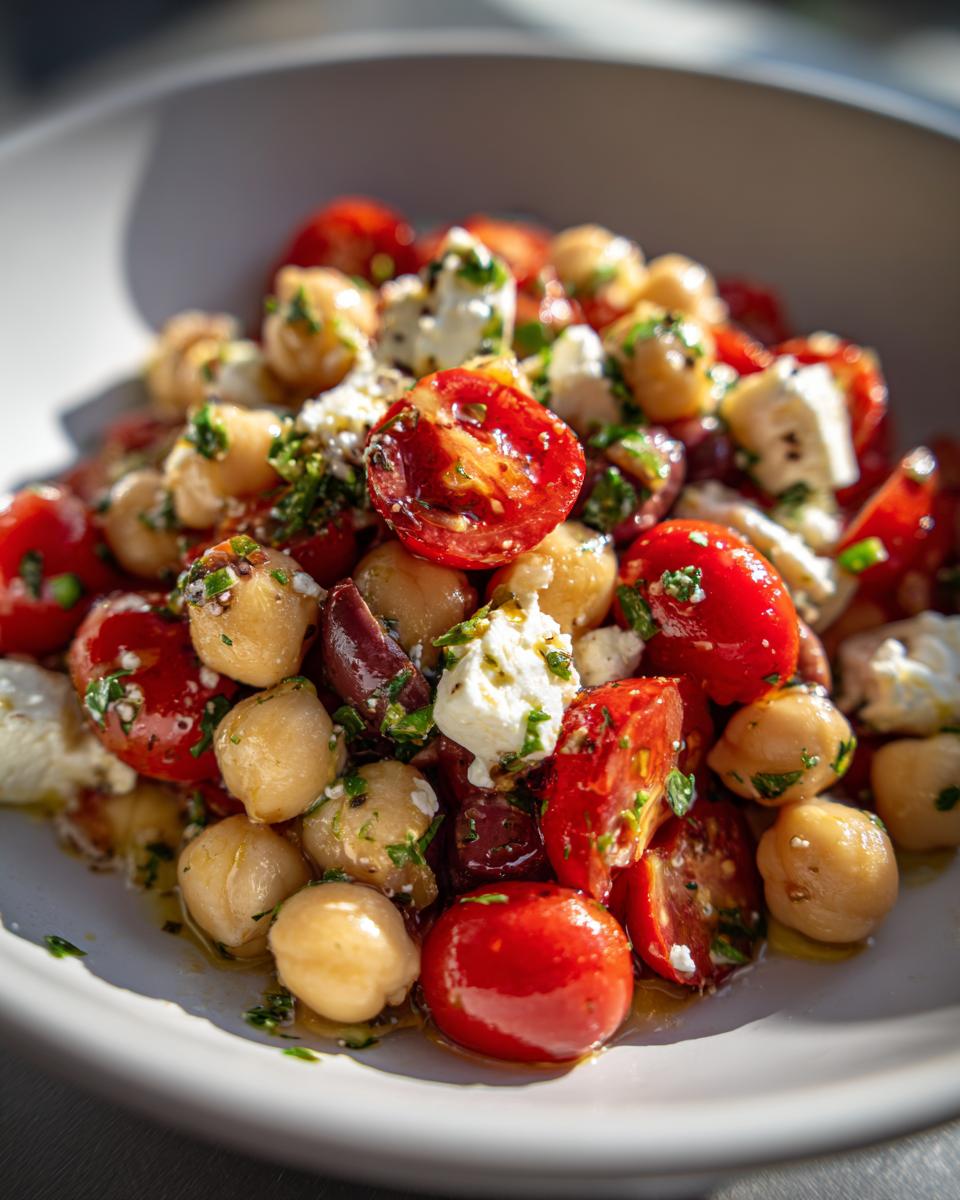 Close-up of a vibrant Mediterranean bean salad featuring chickpeas, halved cherry tomatoes, feta cheese, and herbs.