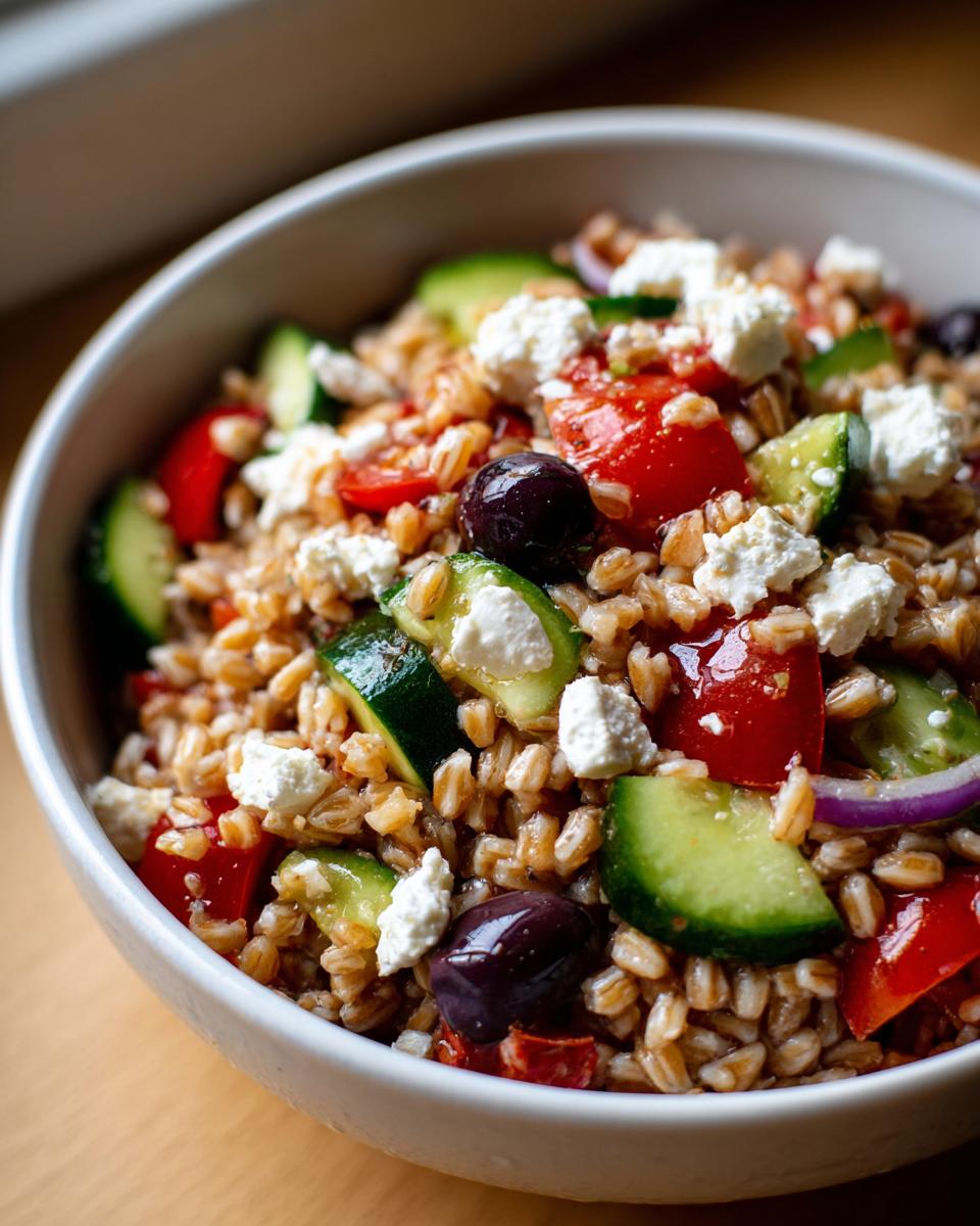 Close-up of a white bowl filled with vibrant farro salad featuring farro grains, cucumber slices, tomatoes, Kalamata olives, and crumbled feta cheese.