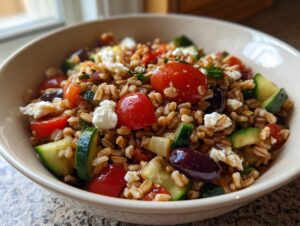 A close-up view of a vibrant farro salad mixed with cherry tomatoes, cucumber chunks, Kalamata olives, and feta cheese.