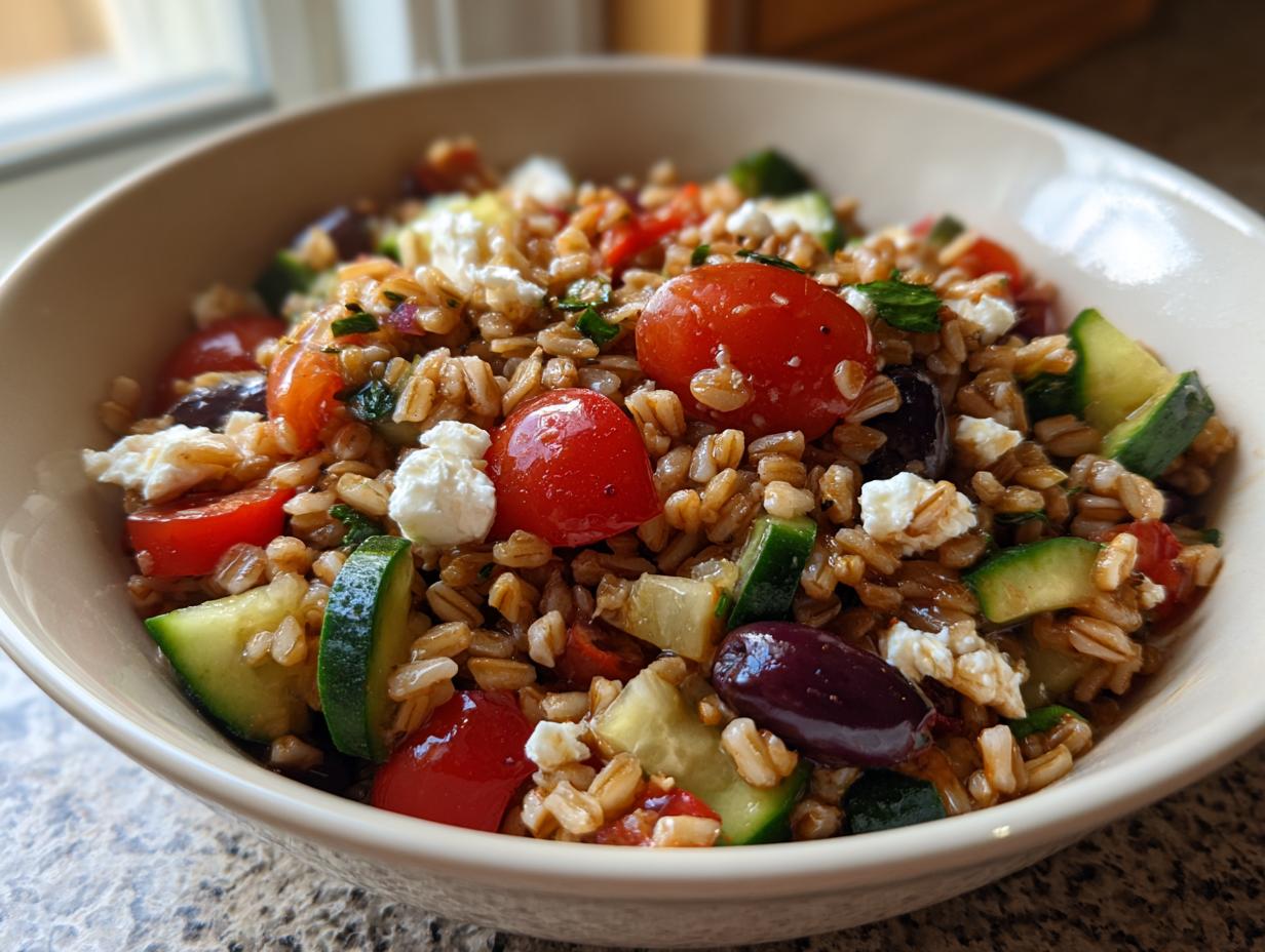 A close-up view of a vibrant farro salad mixed with cherry tomatoes, cucumber chunks, Kalamata olives, and feta cheese.