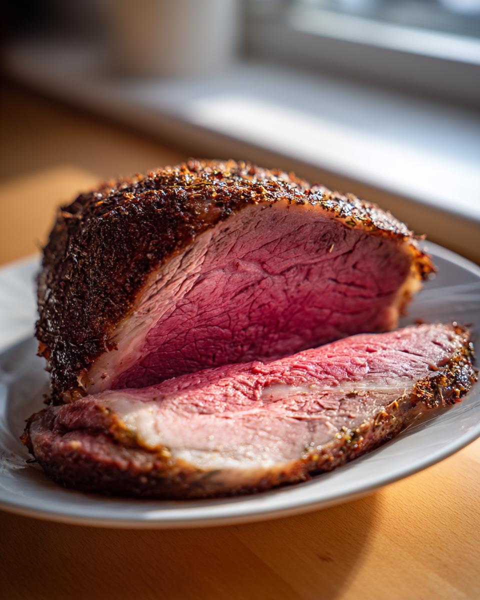 Close-up of a perfectly cooked rib roast, sliced to show a medium-rare, rosy pink center and dark herb crust.