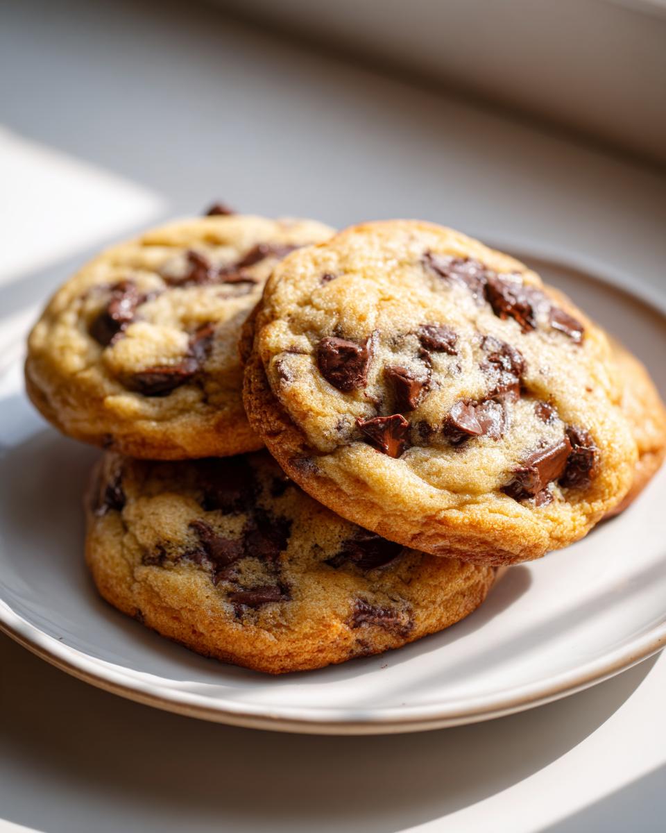 A stack of three golden brown, soft chocolate chip pudding cookies resting on a white plate in natural sunlight.