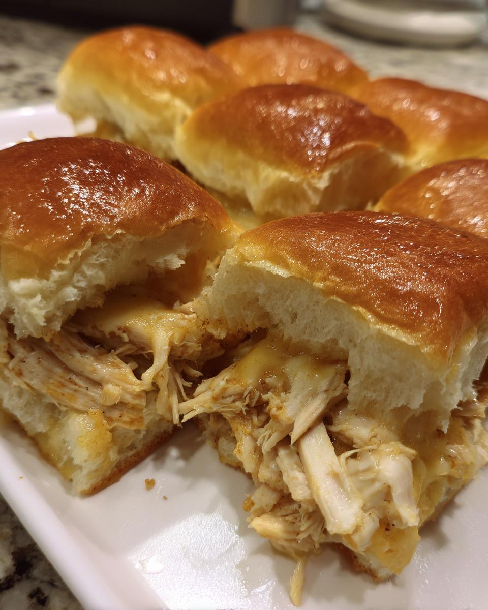 Close-up of delicious bbq chicken sliders, showing shredded chicken and melted cheese inside glossy, golden brown slider buns.