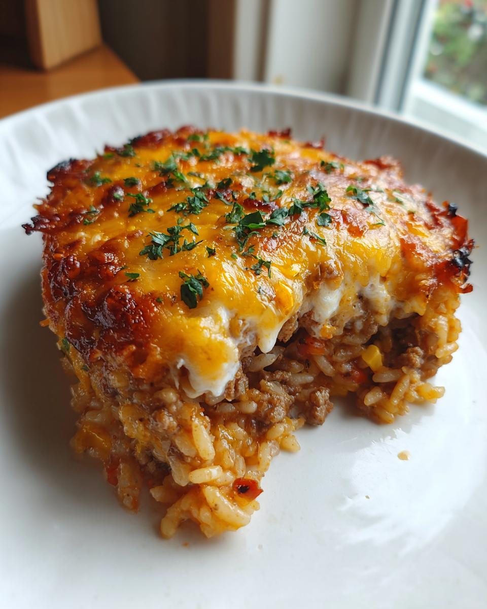 A close-up serving of Mexican rice casserole topped with melted, browned cheese and fresh parsley garnish.