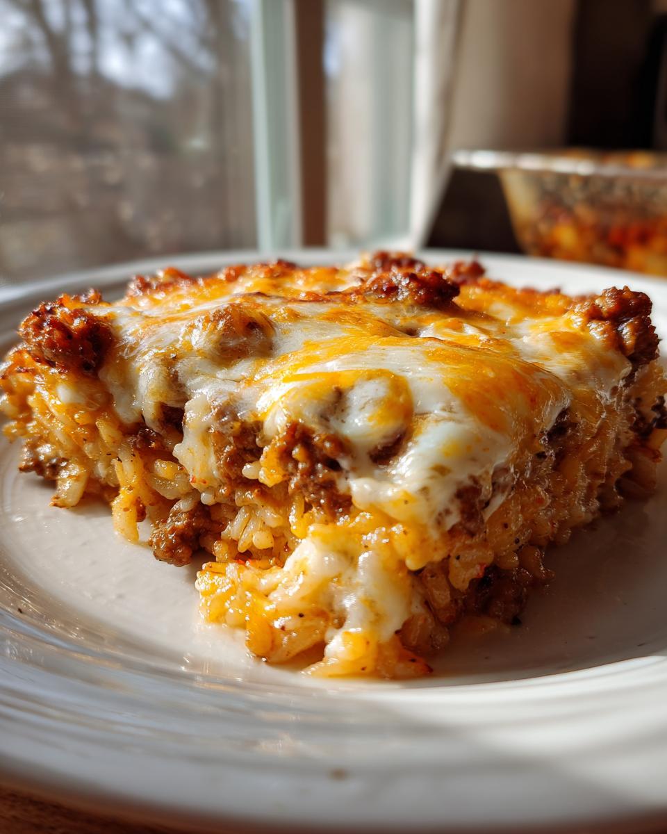A close-up of a hearty slice of mexican rice casserole topped with melted white and orange cheese.