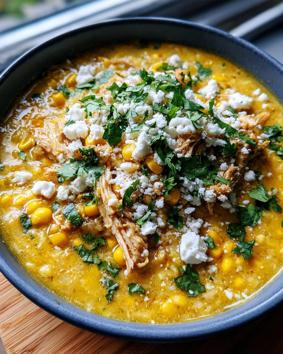 Close-up of a rich, yellow Mexican street corn soup topped with shredded chicken, cotija cheese, and fresh cilantro.