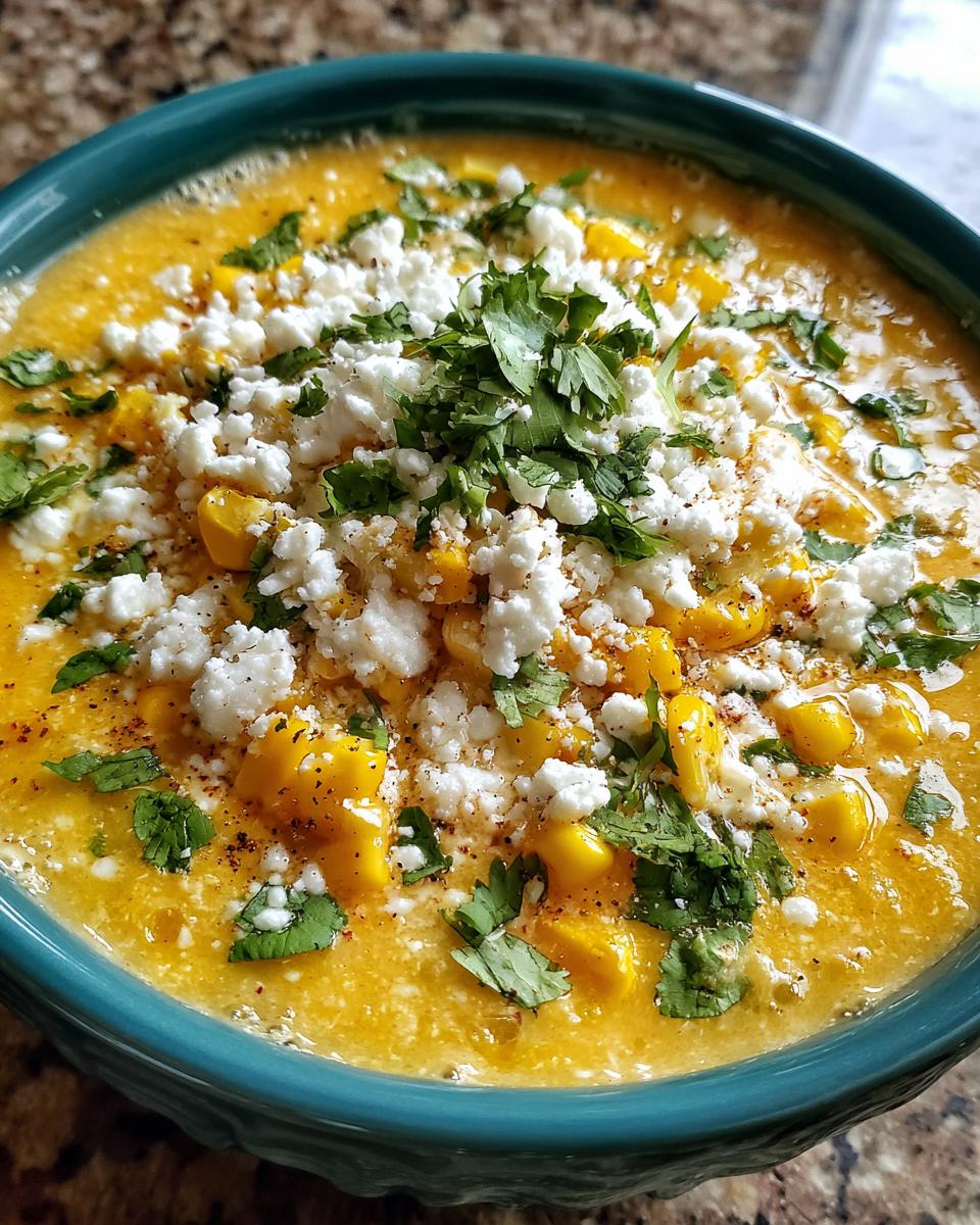 Close-up of a bowl of creamy Mexican street corn soup topped generously with cotija cheese and fresh cilantro.