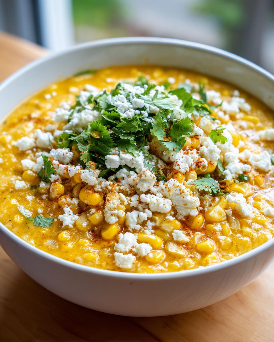 Close-up of a bowl of rich, yellow Mexican street corn soup topped generously with crumbled cotija cheese, cilantro, and chili powder.