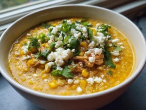 A close-up of a bowl of creamy, yellow Mexican street corn soup topped with crumbled cotija cheese, cilantro, and chili powder.