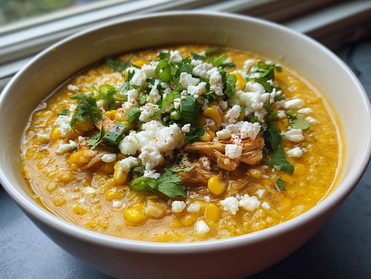 A close-up of a bowl of creamy, yellow Mexican street corn soup topped with crumbled cotija cheese, cilantro, and chili powder.