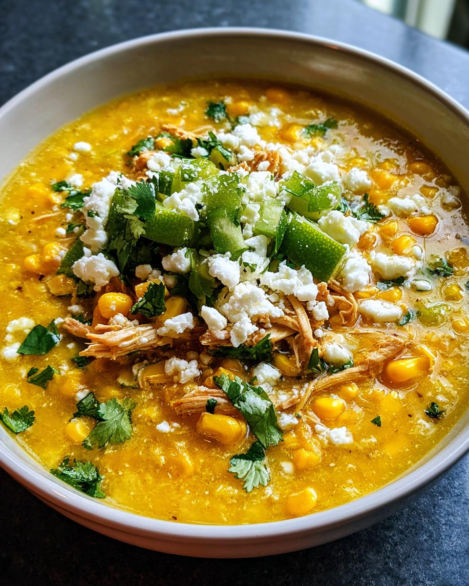 Close-up of a vibrant Mexican street corn soup topped with shredded chicken, cotija cheese, cilantro, and chopped green chilies.