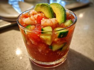Close-up of a refreshing shrimp cocktail served in a glass with avocado, cucumber, and tomato in a red sauce.