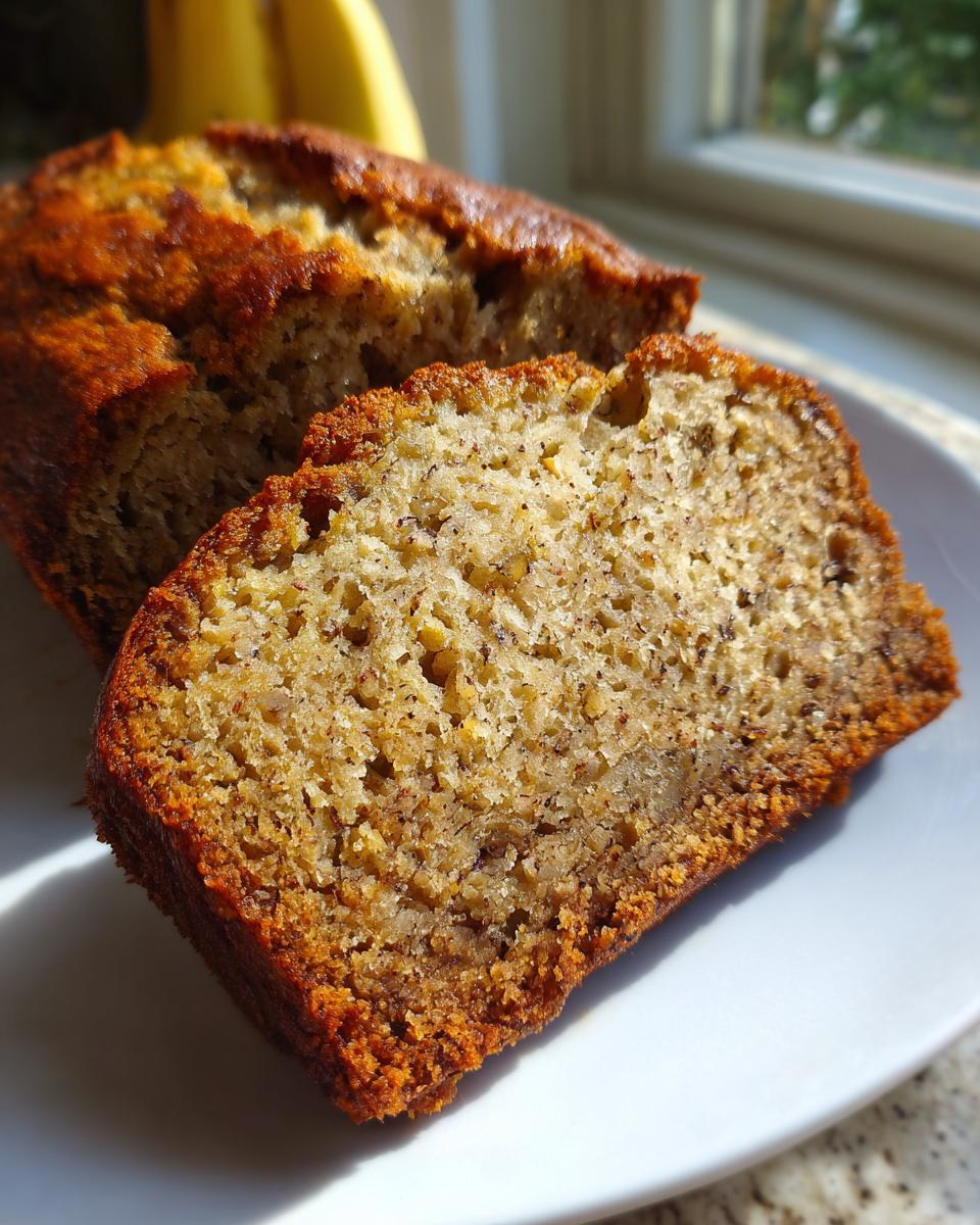 Close-up of a moist slice of banana bread recipe next to the loaf, showing the dark, rich crumb texture.