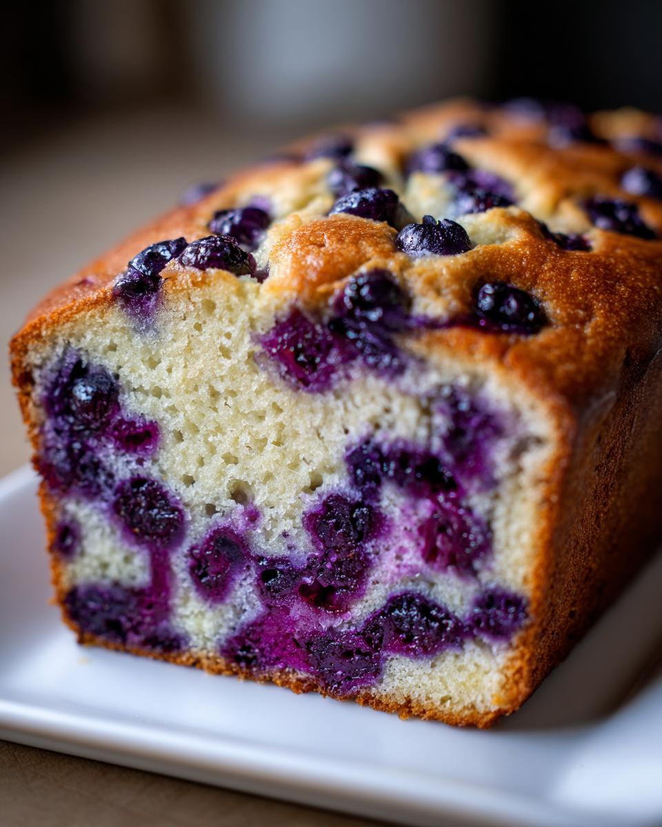 Close-up of a slice of moist blueberry bread showing bright purple blueberries baked into the light, tender crumb.